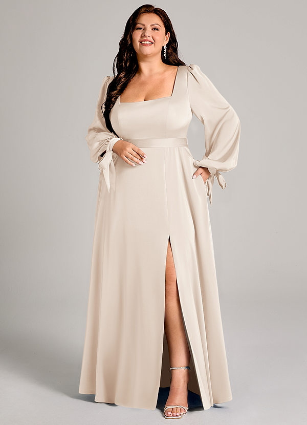 Azazie Leonia Bridesmaid Dresses White Alabaster A-Line Long Sleeve Stretch Satin Dress image1