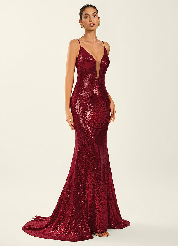 Astraea Borgoña Vestido de fiesta de sirena con escote en V brillante y espalda descubierta image1