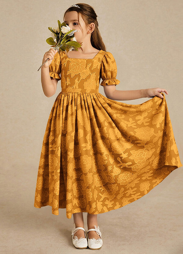 Azazie Joss Flower Girl Dresses Butterscotch A-Line with Sleeves Floral Burnout Dress image1