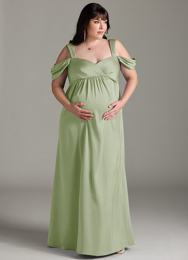 Azazie Rhea Robe demoiselle d'honneur enceinte Robe Trapèze Épaule nue plissée Longueur ras du sol Satin extensible image1