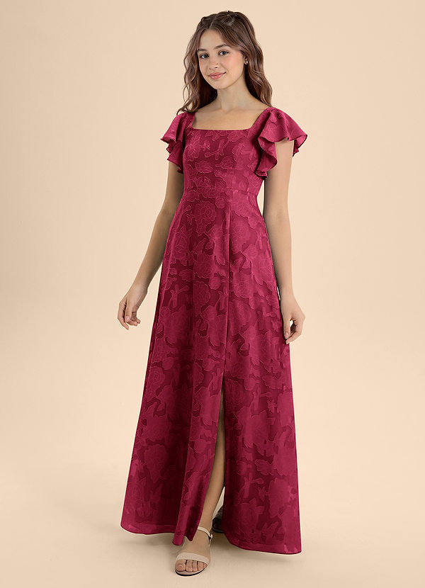 Azazie Bondi Junior Burgundy A-Line Bow Floral Burnout Dress image1