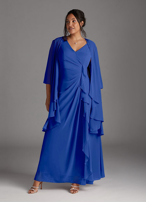 Azazie Manuella Vestidos de Madre de la Novia Vestido de Azul Real de Gasa de Corte En A con Cuello en V plisado image1