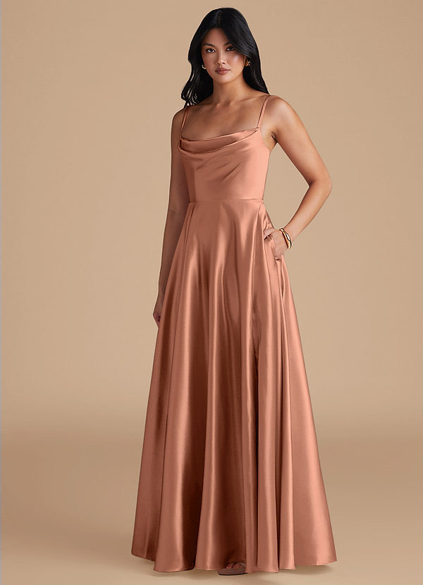 Azazie Elle Bridesmaid Dresses Bronzer A-Line with Pockets Metallic Satin Dress image1