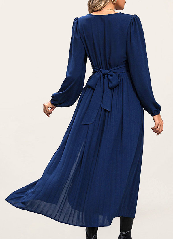 back Aniak Navy Blue Long Sleeve Pleated Midi Dress