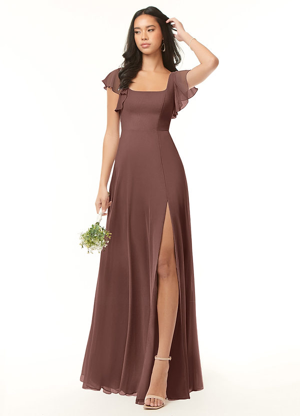 Azazie Bondi Bridesmaid Dresses Espresso A-Line Ruffled Chiffon Dress image1