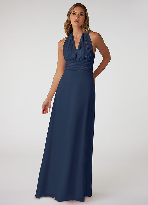 Azazie Fifi Robes Demoiselle d'honneur Robe Trapèze Convertible en Mousseline de soie Sans bretelle Bleu Marine Foncé image1