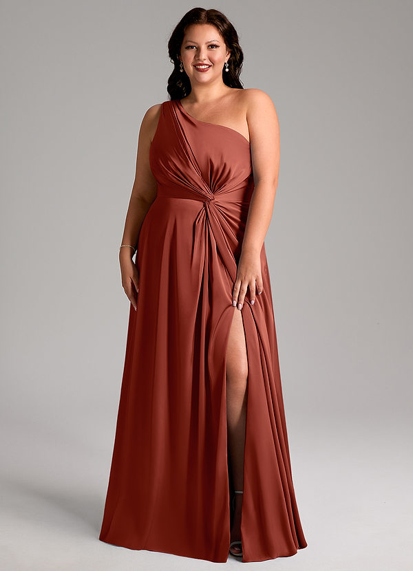 Azazie Brooke Robes Demoiselle d'honneur Robe Trapèze en Satin extensible Ue épaule Terracotta image1