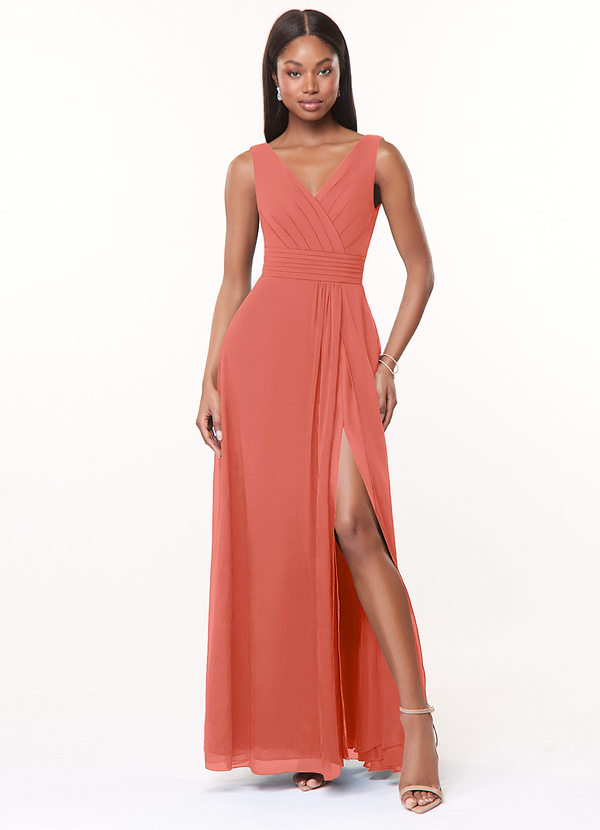 Azazie Karina Bridesmaid Dresses Salmon Pink A-Line Pleated Chiffon Dress image1