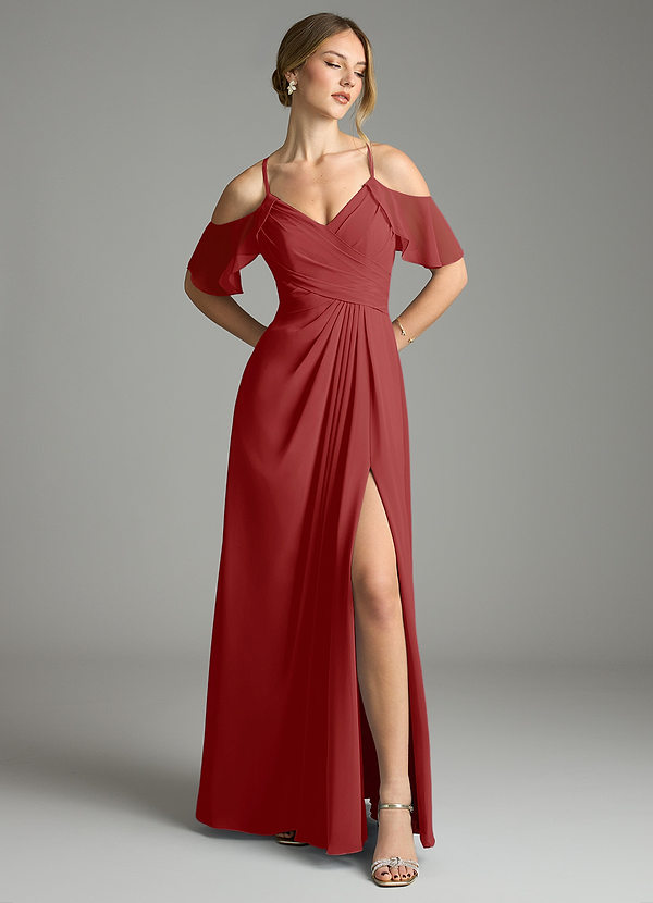 Azazie Dakota Bridesmaid Dresses Rust A-Line V-Neck Pleated Chiffon Dress image1