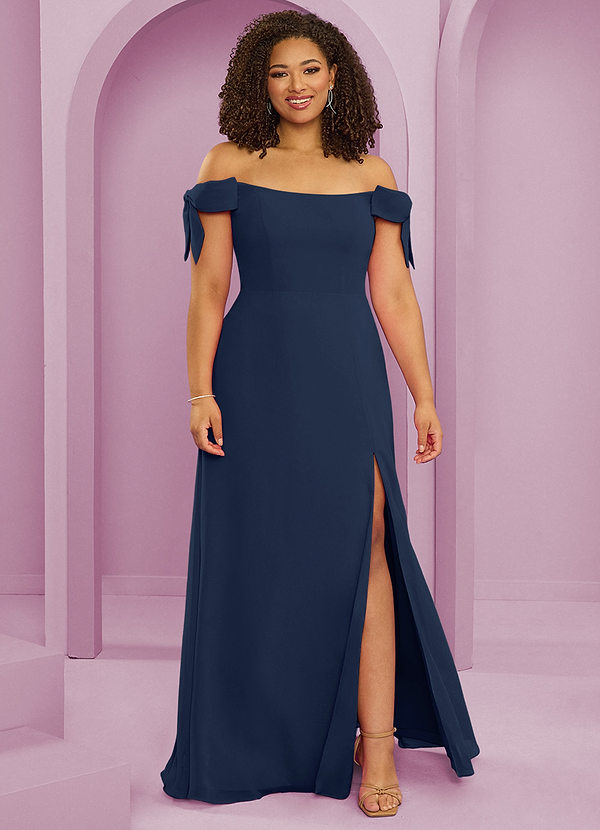 Barbie ♥ Azazie Bruidsmeisjes Jurken Converteerbaar Jurk van Chiffon met A-Lijn Off the Shoulder Donkere Marine image1