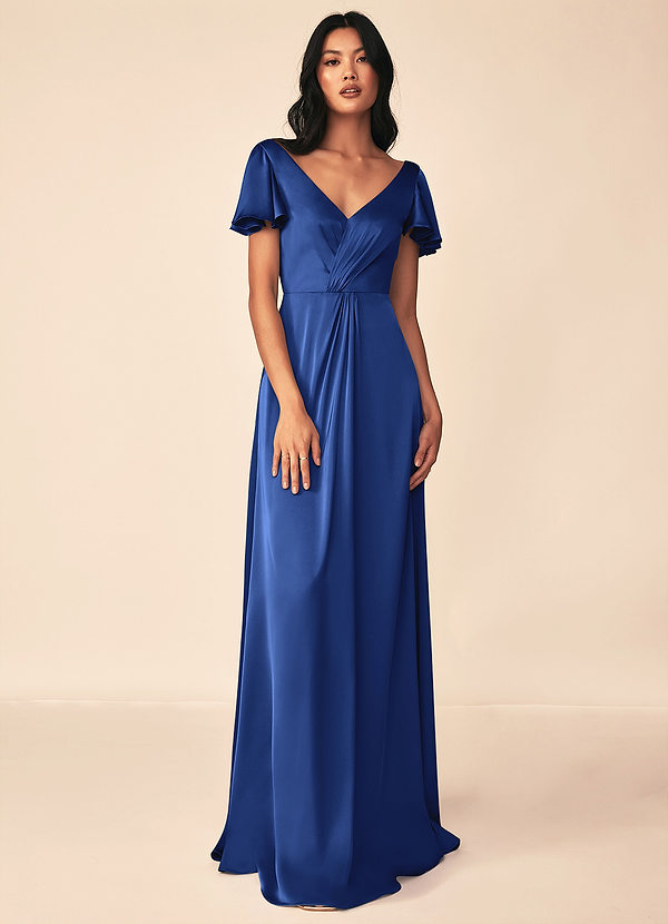 Azazie Soren Bridesmaid Dresses Royal Blue A-Line Pleated Stretch Satin Dress image1