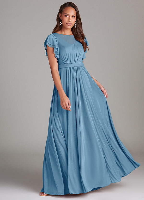 Azazie Daphne Modest Bridesmaid Dresses A-Line Ruched Mesh Floor-Length Dress image1