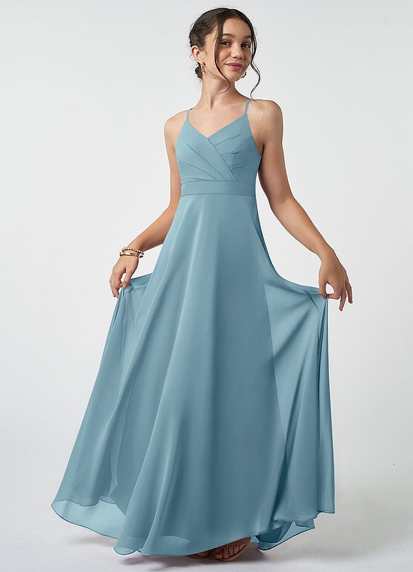 Azazie Avelina Junior Moody Blue A-Line Pleated Chiffon Dress image1