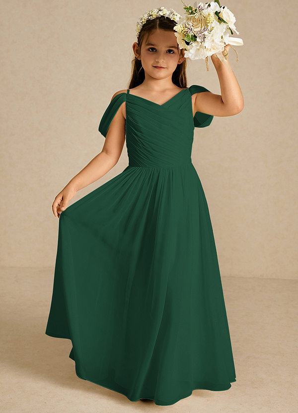 Azazie Chelle Robes de Fillette d'Honneur Robe Trapèze en Mousseline de soie Plissée Vert Foncé image1