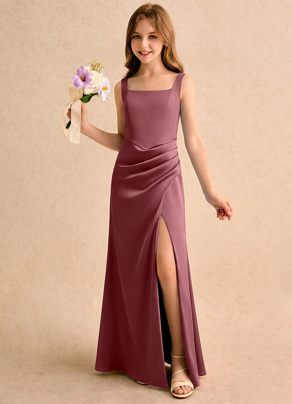 Azazie Noah Girls Formal Bloemenmeisjesjurken Kolom Jurk van Stretch Satijn Geplooide Woestijnroos image1