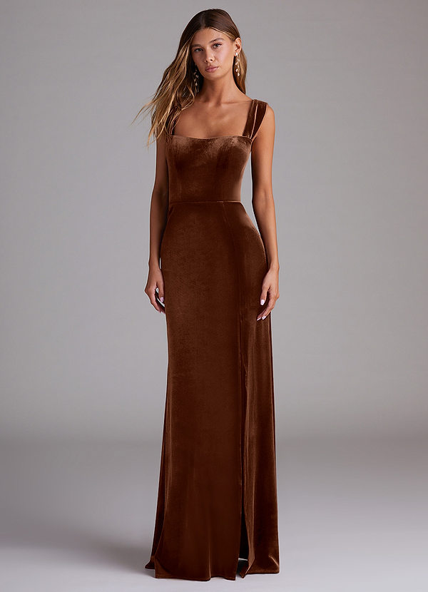 Azazie Junia Bridesmaid Dresses Umber Sheath Off the Shoulder Velvet Convertible Dress image1