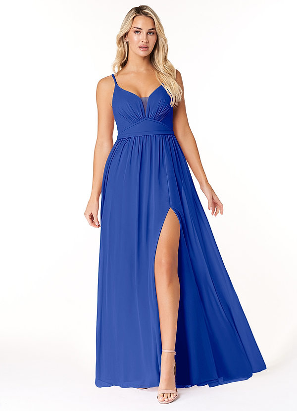 Azazie Rayna Bridesmaid Dresses Royal Blue A-Line V-Neck Pleated Chiffon Dress image1
