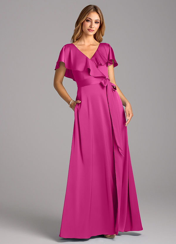 Azazie Lainey Bridesmaid Dresses Fuchsia A-Line with Pockets Stretch Satin Dress image1