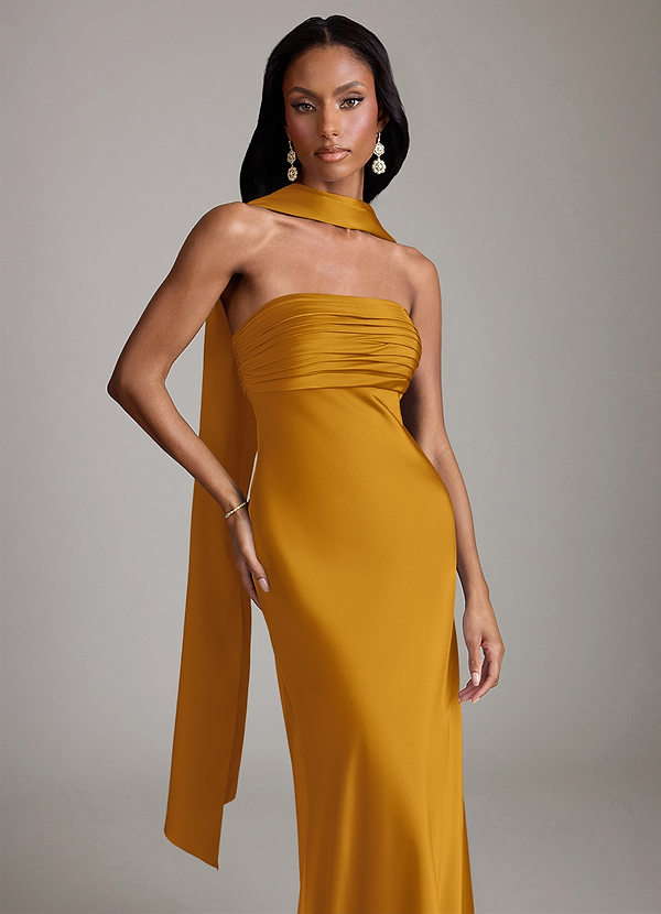 Azazie Saylor Vestidos Dama de Honor Vestido de Caramelo de Satén Elástico de Corte Sirena con Sin tirantes image1