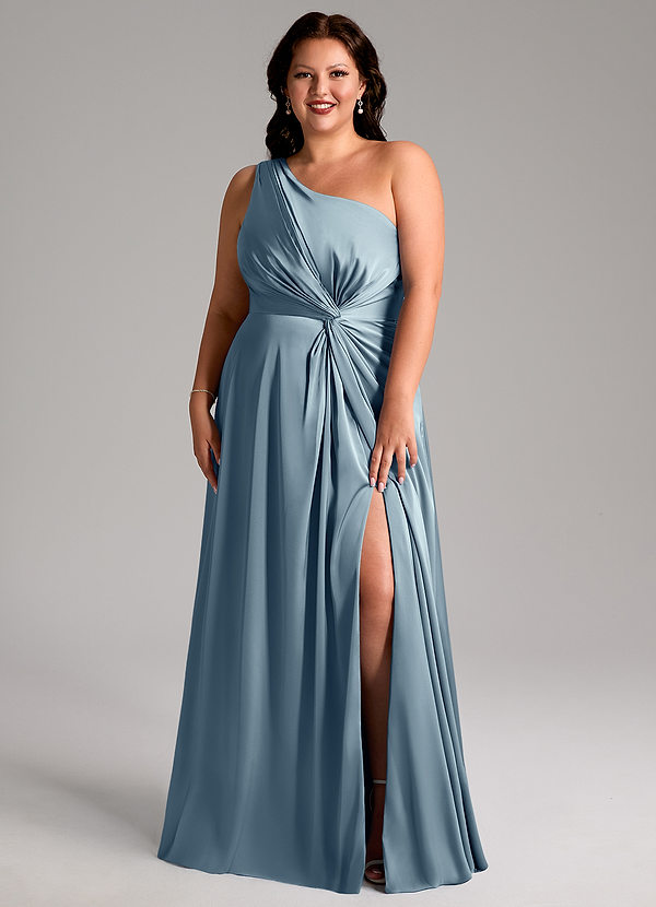 Azazie Brooke Bridesmaid Dresses Dusty Blue A-Line One Shoulder Stretch Satin Dress image1