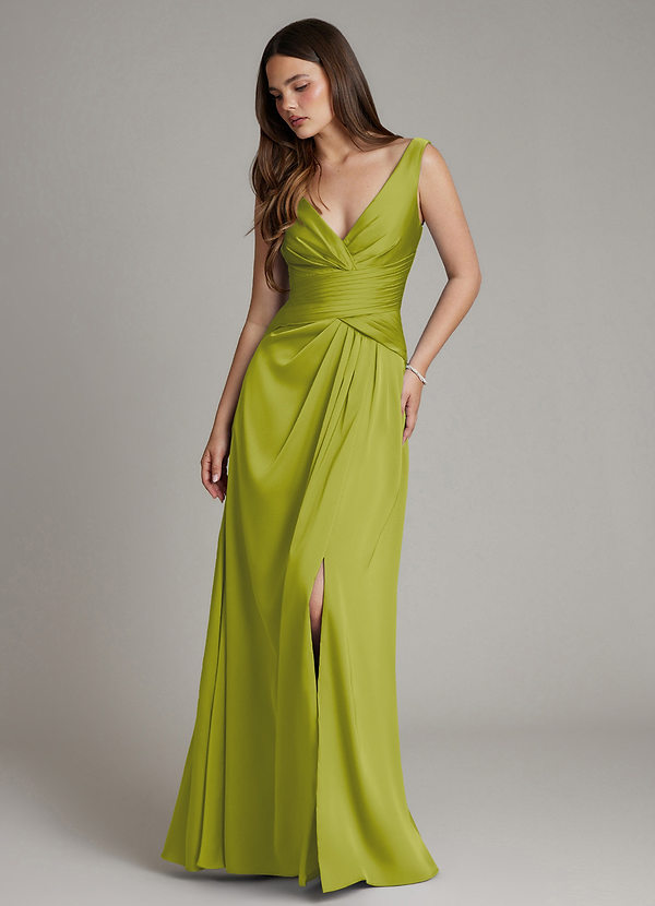 Azazie Pauline Bridesmaid Dresses Lemongrass A-Line Pleated Stretch Satin Dress image1
