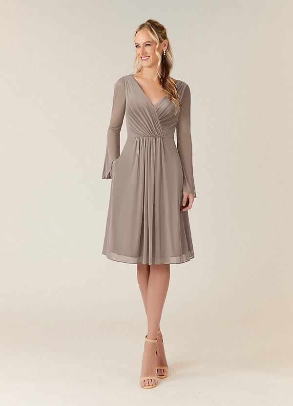Azazie Teraso Mother of the Brides Dresses Taupe A-Line Pleated Mesh Dress image1