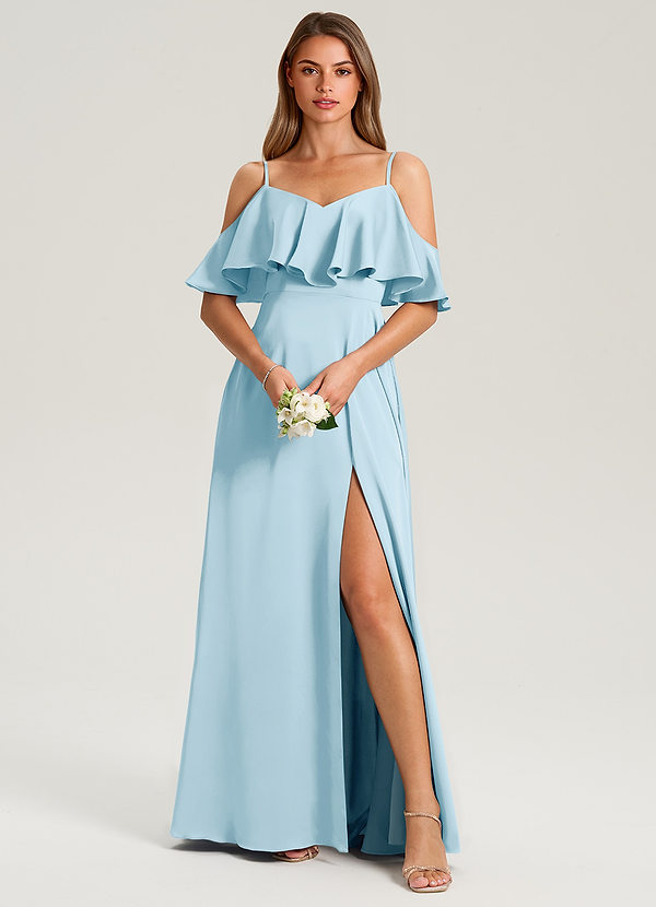 Azazie Jean Bridesmaid Dresses Sky Blue A-Line Off the Shoulder Stretch Satin Dress image1