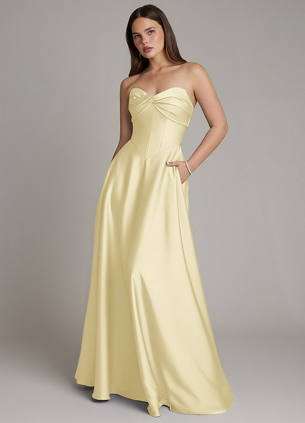 Azazie Meleena Bridesmaid Dresses Lemon Sorbet A-Line Strapless Stretch Satin Dress image1