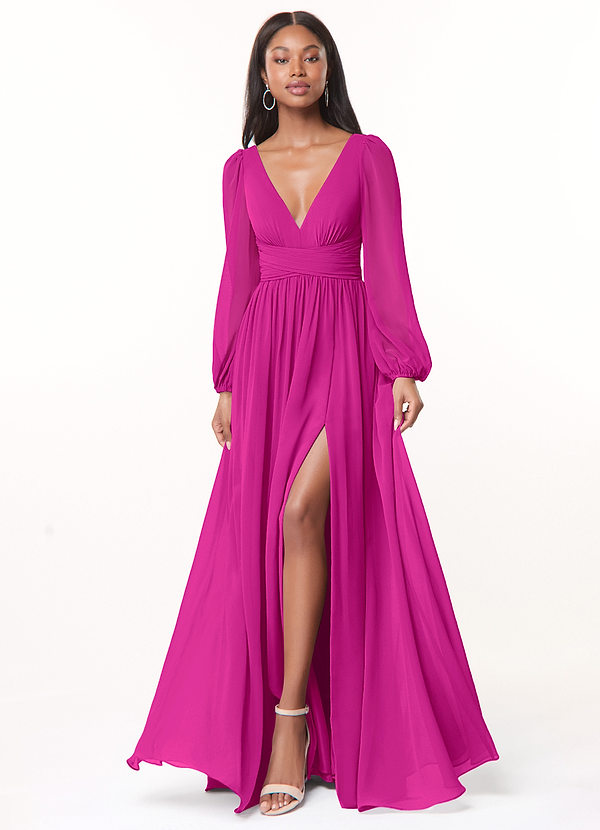 Azazie Norah Abiti da Damigella Abito A-Line in Chiffon con Maniche lunghe e Scollo a V Fucsia image1