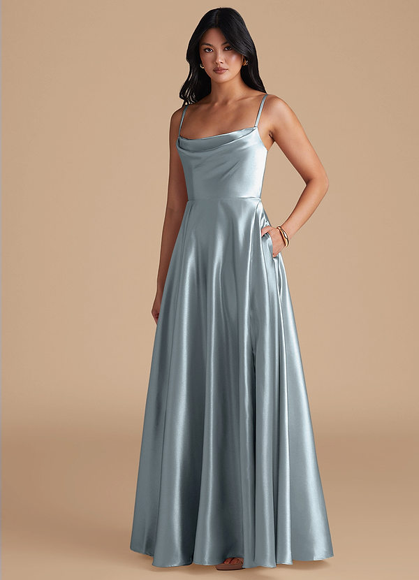Azazie Elle Bridesmaid Dresses Dusty Blue A-Line with Pockets Metallic Satin Dress image1