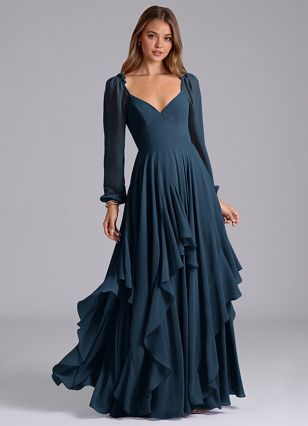 Azazie Karan Abiti da Damigella Abito A-Line in Chiffon Maniche Lunghe Marino Scuro image1