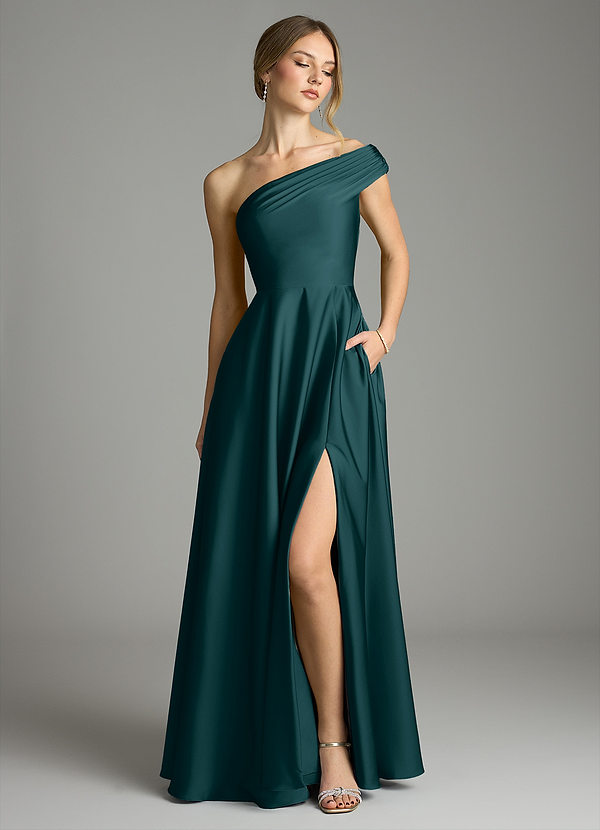 Azazie Melanie Suknie dla druhen Linia A Zza ramienia Satyna elastyczna Do ziemi Sukienka image1