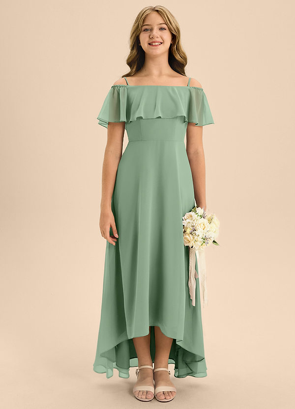 Azazie Maggie Junior Matcha A-Line Off the Shoulder Chiffon Dress image1