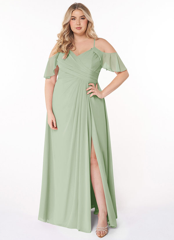 Azazie Dakota Bridesmaid Dresses Dusty Sage A-Line V-Neck Pleated Chiffon Dress image1