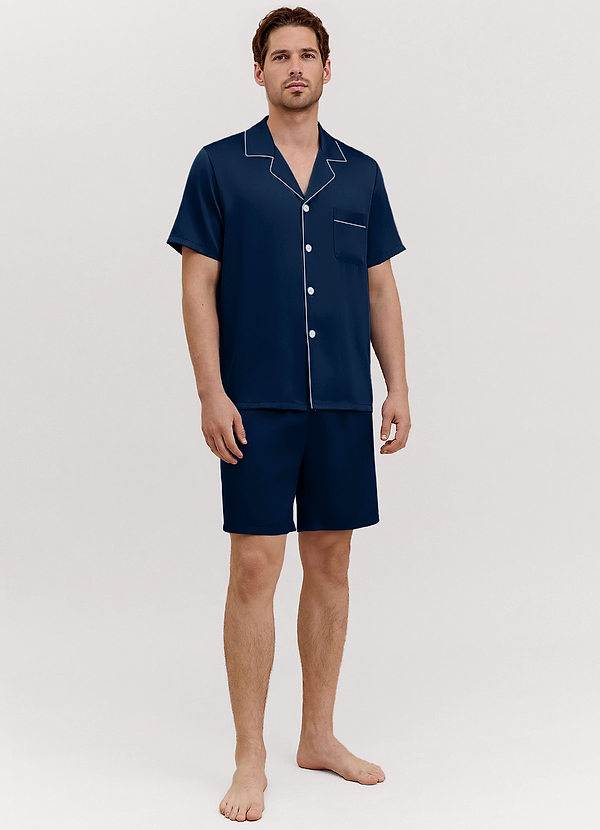 front Tumma Laivasto Miesten satiinista valmistettu lyhythihainen pyjama-setti