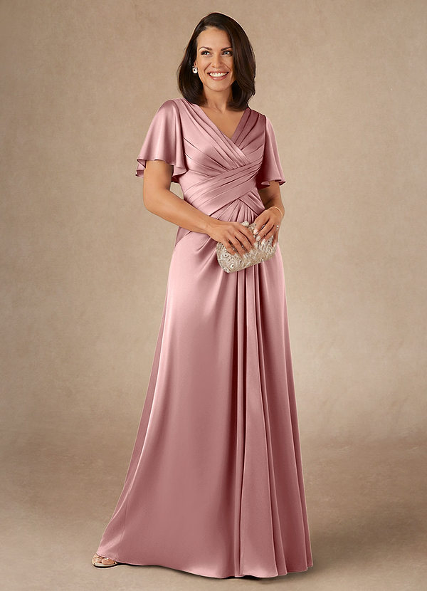 Azazie Emmeline Vestidos de Madre de la Novia Vestido de Rosa Polvorienta de Satén Elástico de Corte en A con Plisado image1