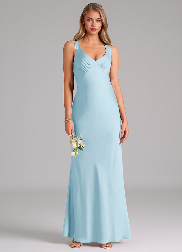 Azazie Kamila Bridesmaid Dresses Sky Blue A-Line Pleated Stretch Satin Dress image1