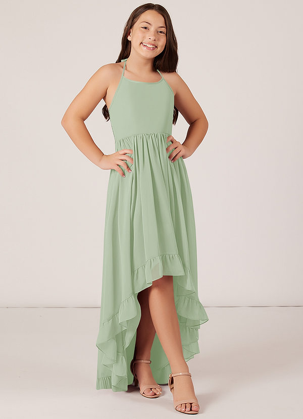 Azazie Sarafina Junior Dusty Sage A-Line Lace Chiffon Dress image1