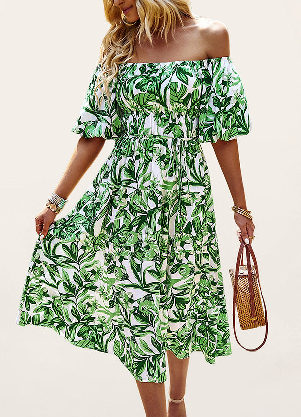 back Broxton Green Floral Print Short Sleeve Midi Dress