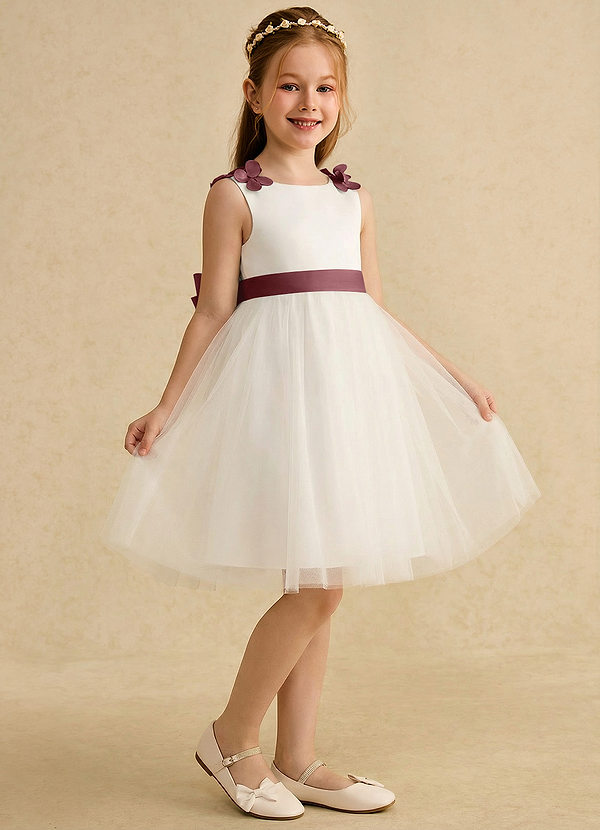 Azazie Lona Abiti da Ragazza di Fiori Abito A-Line in Raso Opaco Fiocco Avorio Rosa Del Deserto image1