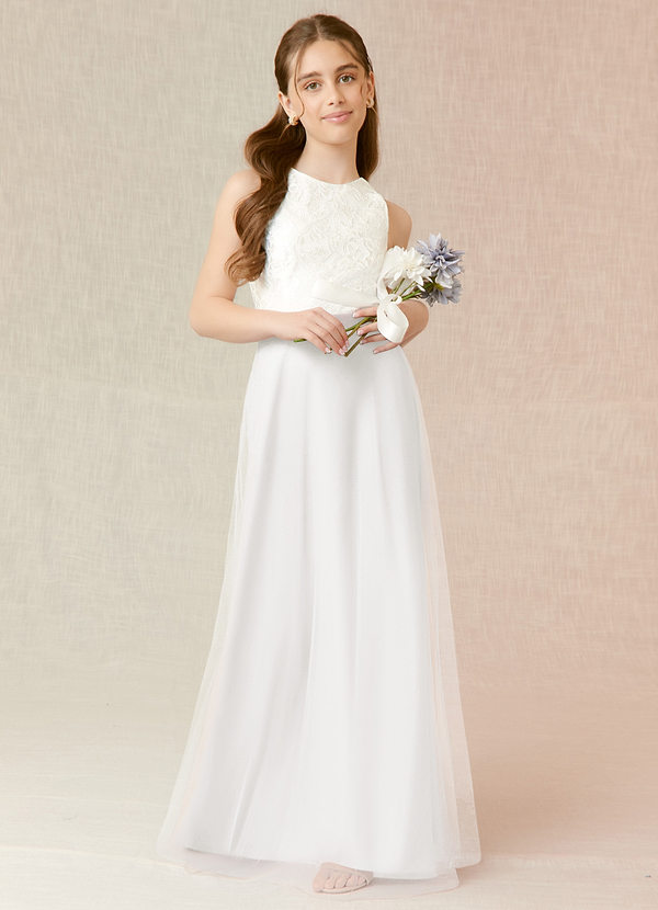 Azazie Albertine Junior White A-Line Lace Chiffon Dress image1
