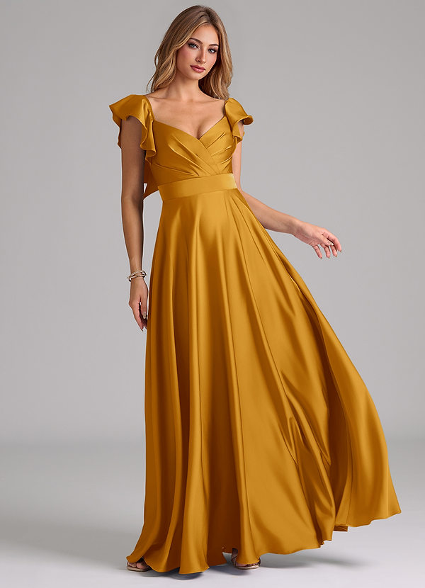 Azazie Leilani Bridesmaid Dresses Butterscotch A-Line Ruched Stretch Satin Dress image1