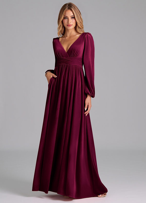 Azazie Norah Bridesmaid Dresses Cabernet A-Line Long Sleeve Velvet Dress image1