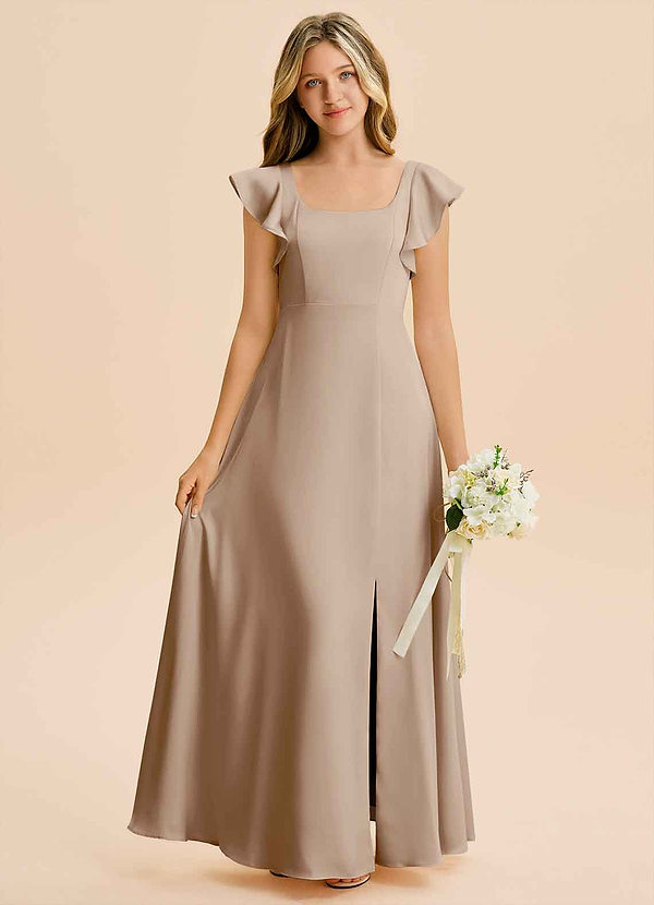 Azazie Bondi Junior Taupe A-Line Side Slit Stretch Satin Dress image1