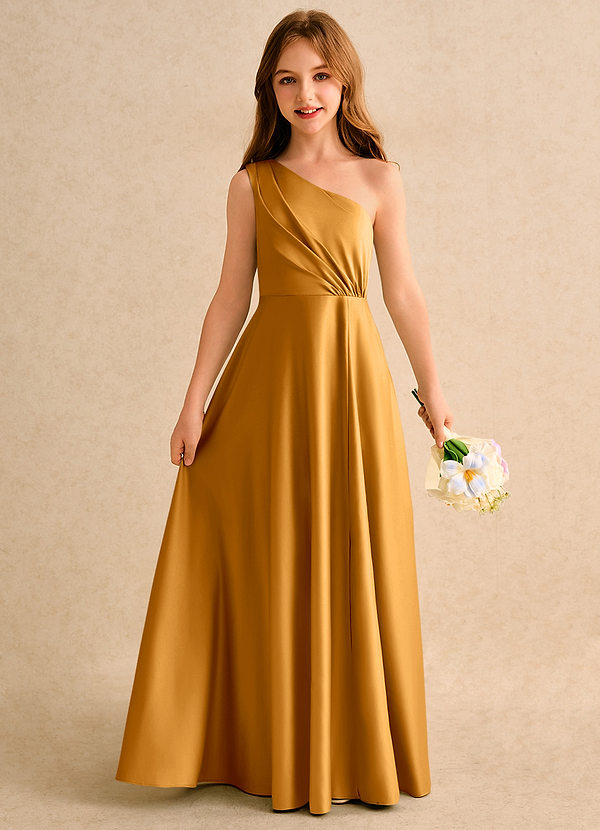 Azazie Puddles Girls Formal Vestidos de Niña de Flores Vestido de Caramelo de Satin Mate de Corte en A con Hombro unilateral image1