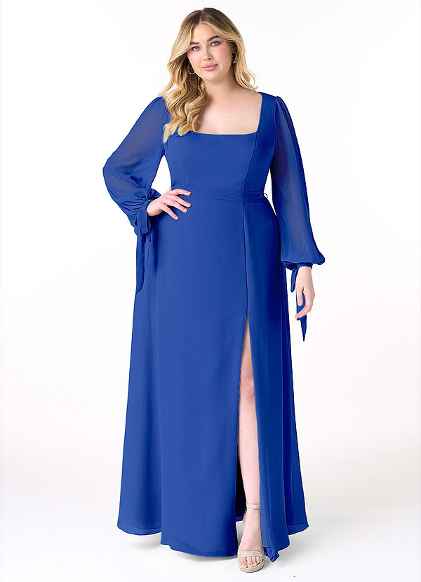 Azazie Leonia Bridesmaid Dresses Royal Blue A-Line Long Sleeve Chiffon Dress image1