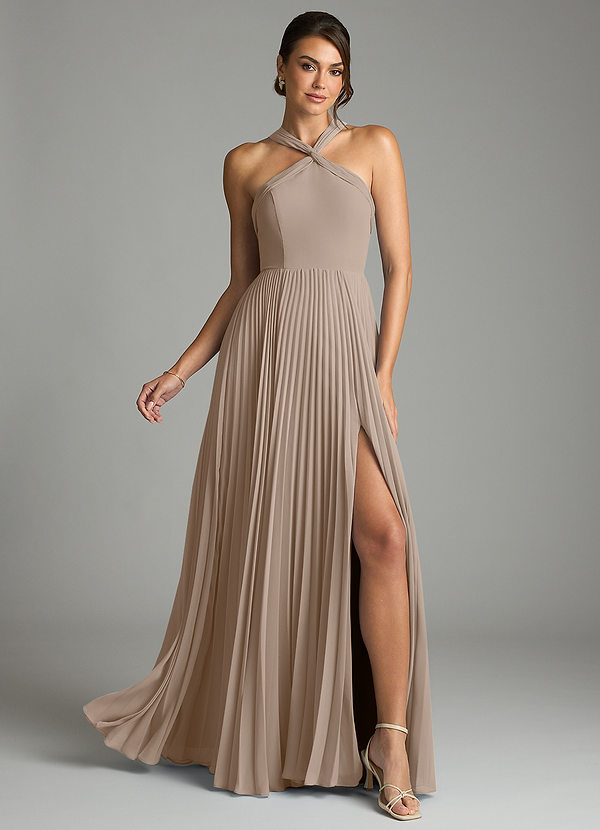 Azazie Afra Bridesmaid Dresses Taupe A-Line Pleated Chiffon Dress image1