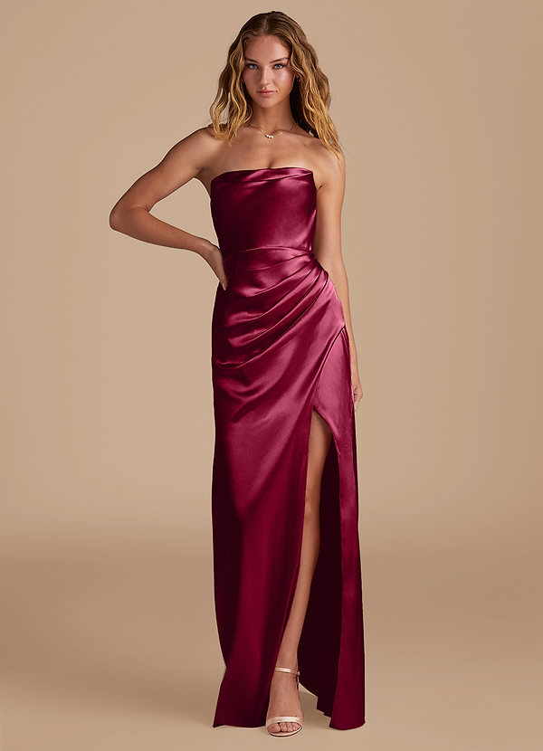 Azazie Leonis Bridesmaid Dresses Burgundy Mermaid Pleated Metallic Satin Convertible Dress image1