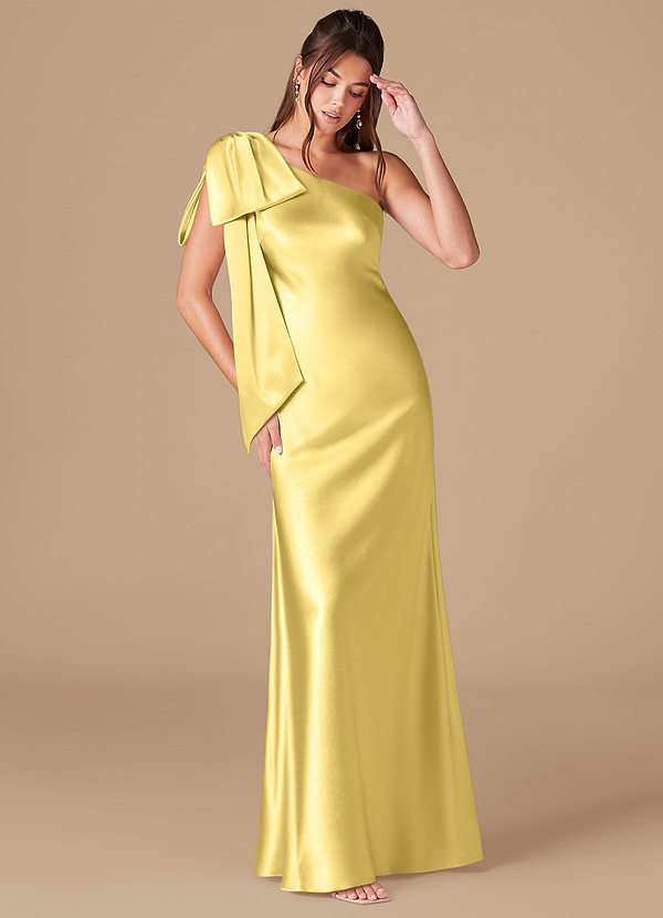 Azazie Capri Brudtärneklänningar Klä av Tubklänning i Metallisk satin Ena axeln Kanariefågel image1