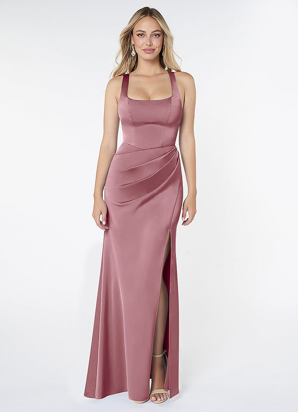 Azazie Mero Bridesmaid Dresses Vintage Mauve Sheath Pleated Stretch Satin Dress image1
